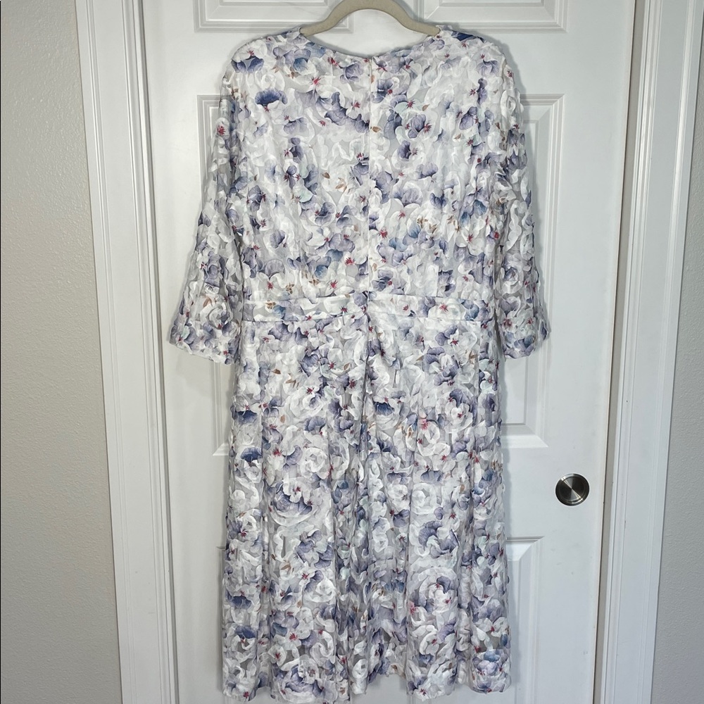 Nora Noh Indigo Pansy Dress Women’s Size 12 Floral 3D Midi 3/4 Sleeve Split Neck - Picture 10 of 16